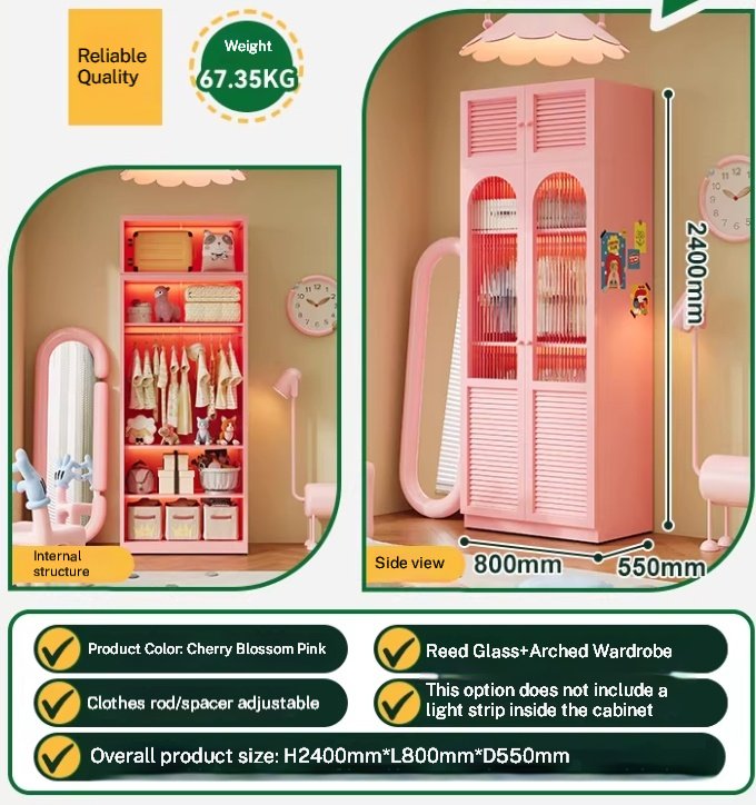 2400mm Full-Height Pink Arched Closet Cabinet HNYG06trc – Slim Storage Wardrobe with Fluted Glass & Adjustable Rods