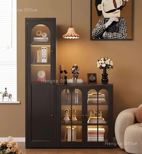 Black Fluted Glass Bookcase BGB-HS25-High-end Style Storage Cabinet with Gold Round Handle & Silent Door for Home Studio-Creative Free Combination