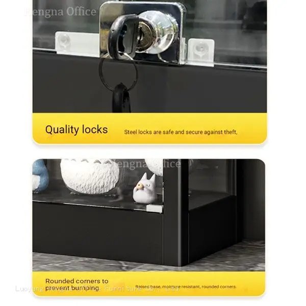 Secure steel lock and rounded safety corners on glass display case for model collectibles