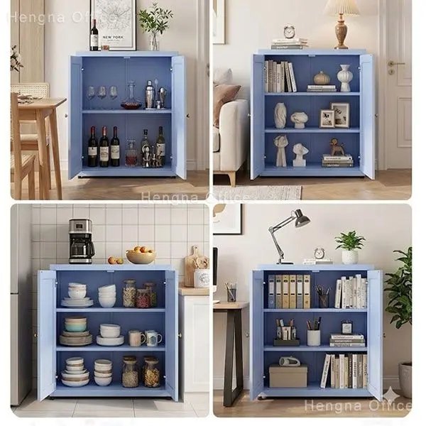 Different types of daily items in blue sideboard