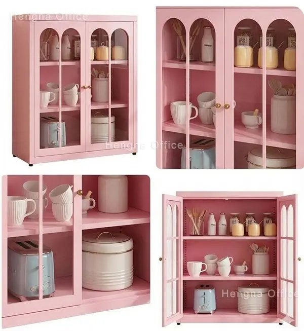 Many cups in the pink sideboard