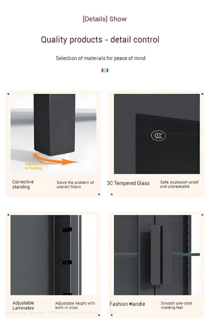 Close-up details of tempered glass display case showing adjustable feet, 3C safety glass, and smooth handle design