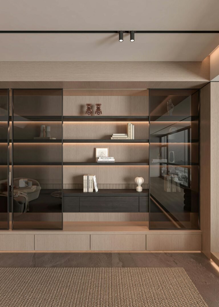 Elegant minimalist bookshelf in a modern home interior design, emphasizing simplicity and luxury.