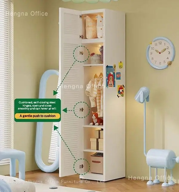 The wardrobe is equipped with soft-close self-closing hinges, allowing the doors to stay open at any angle and close gently without noise