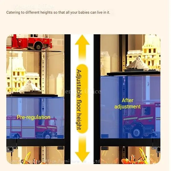 The glass display cabinet have adjustable layers to create different heights so that your collections can live it 