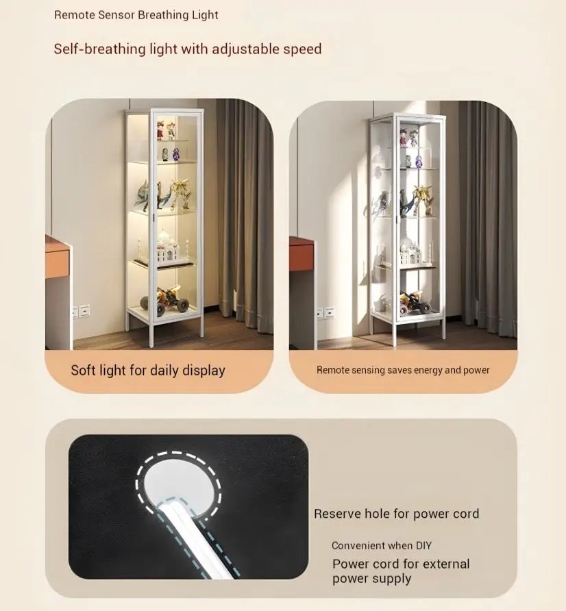 Remote sensing saves energy and power for display case and design a reserve hole for power cord.