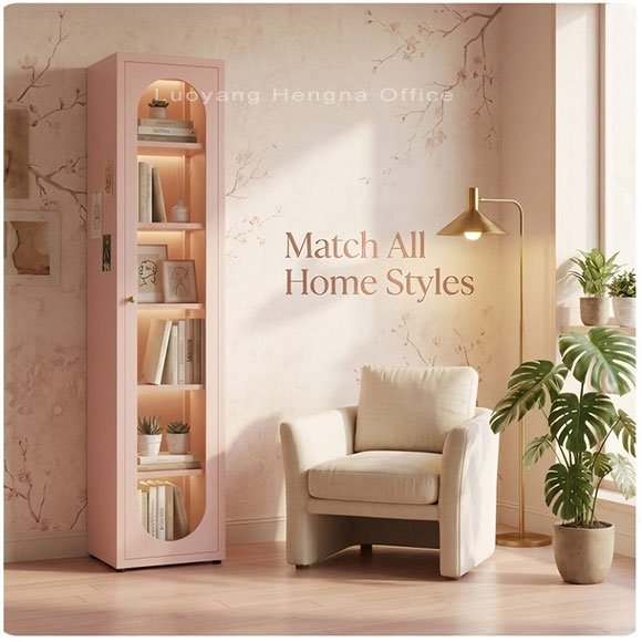 Blush pink steel bookcase beside salon reception desk product display