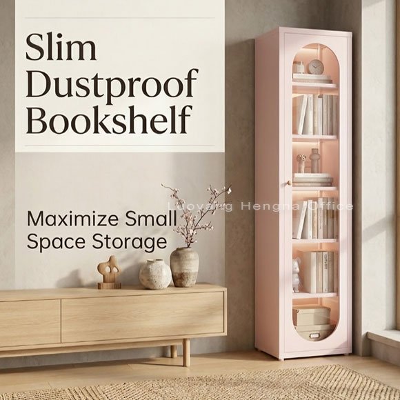 Blush Pink Metal Bookcase with Fluted Glass Door, Cold-Rolled Steel, 78.7″ H — Beauty Salon & SPA Retail Display Furniture Wholesale