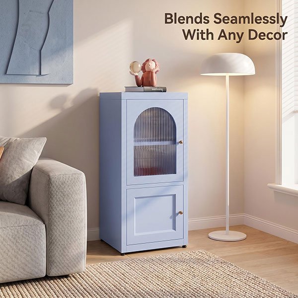 Arched Fluted Glass Sideboard with 60KG Shelves — Hotel Room Storage Solution | 5 Colors Customizable 1 Arched fluted glass sideboard in dusty blue with 60KG shelves for hotel room storage