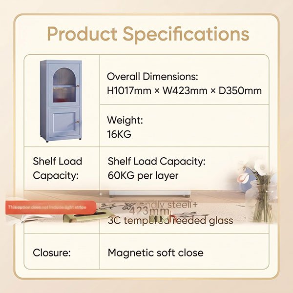 Arched Fluted Glass Sideboard with 60KG Shelves — Hotel Room Storage Solution | 5 Colors Customizable 4 Steel sideboard dimensions diagram: H1017 x W423 x D350mm with 60KG shelf capacity