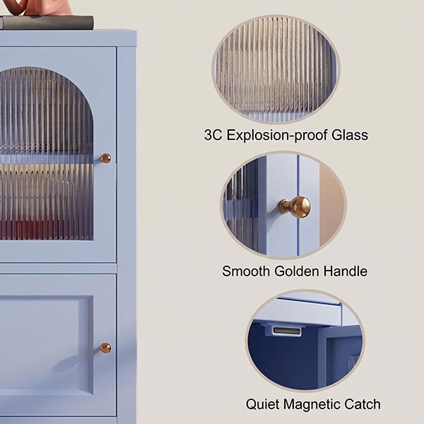 Arched Fluted Glass Sideboard with 60KG Shelves — Hotel Room Storage Solution | 5 Colors Customizable 3 Gold-finish round knob handle detail on arched glass sideboard door