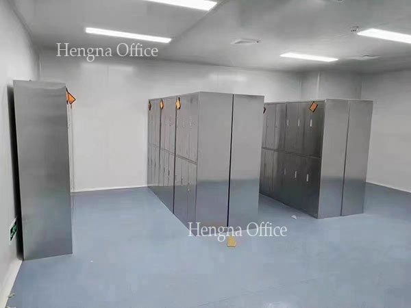 Stainless steel locker installation in food factory employee changing room