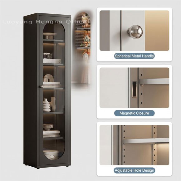 
Black steel glass door bookcase 71 inch tall — detail views of spherical metal handle, magnetic silent closure, and adjustable side-panel shelf holes