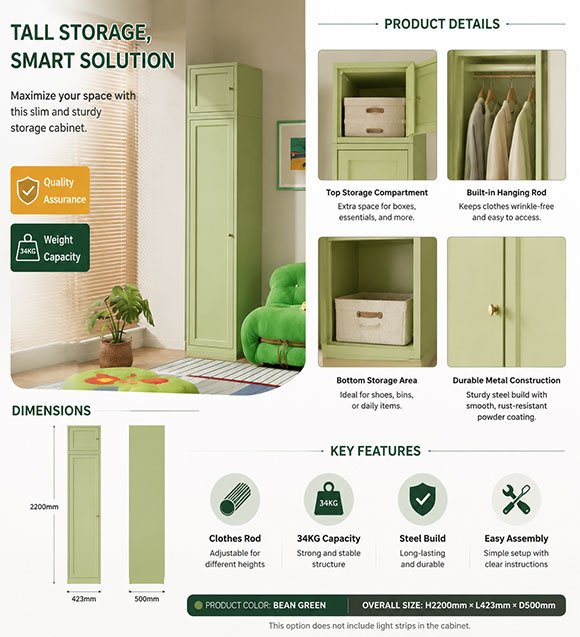 Macaron green steel wardrobe interior view — adjustable shelf, hanging rod, steel lock, 423mm width, 1800mm height
