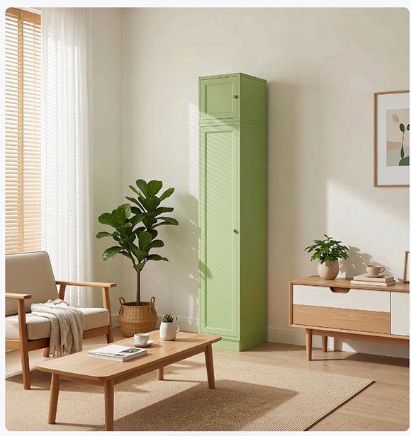 Macaron green steel wardrobe in an Airbnb bedroom — macaron color metal closet with powder coated rustproof finish