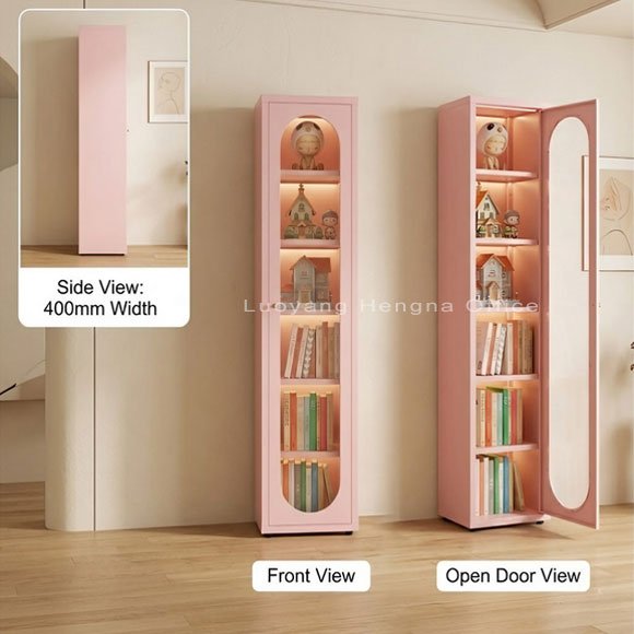 Sakura pink steel glass door bookcase 71 inch tall — side view showing 16 inch (400mm) width alongside front view and open door view with 5 tier interior