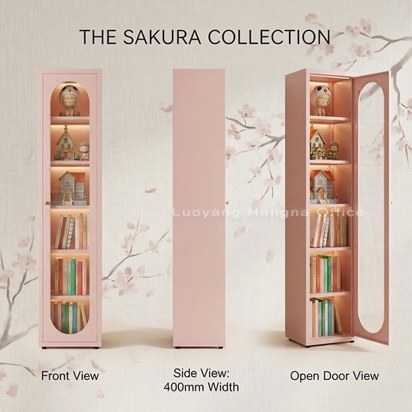 Sakura pink steel glass door bookcase, front side and open door views