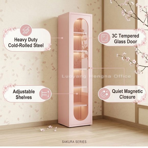 Sakura pink bookcase feature callouts, 71 inch tall display cabinet