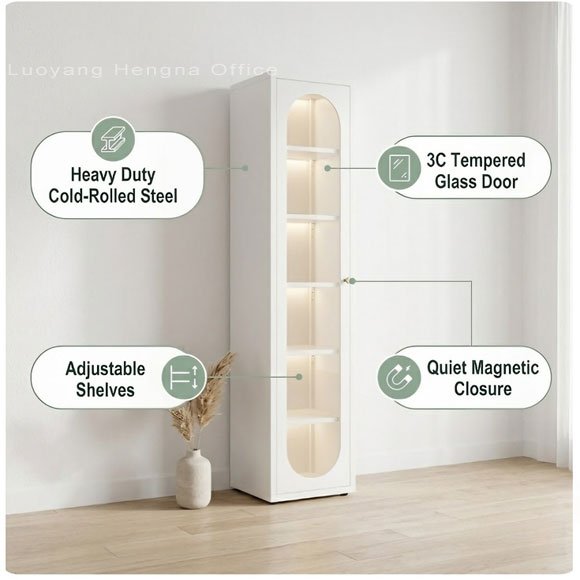 White Glass Door Bookcase 16" Wide — Wholesale 5-Shelf Slim Display Cabinet, Custom Packaging, FOB CIF