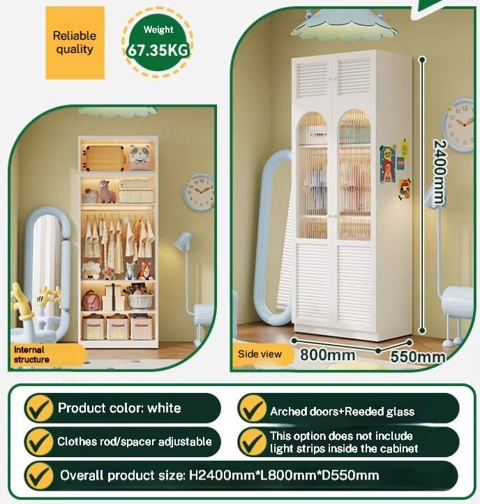 Cream white fluted glass wardrobe with arched steel doors in a hotel bedroom setting