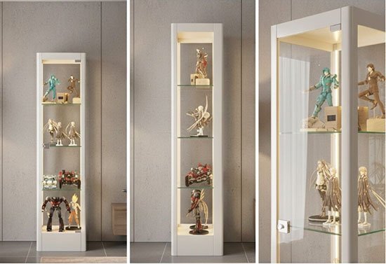 Large model display cabinet with four tiers showing collectible models in a retail showroom
