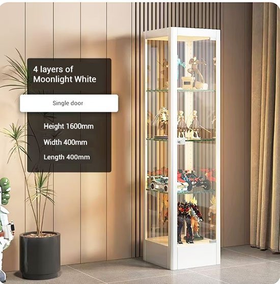 Moonlight white steel and glass display cabinet with four illuminated shelves in a showroom setting