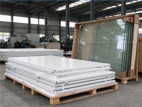 Knock-down steel display cabinet panels and tempered glass panes packed for export on the factory floor