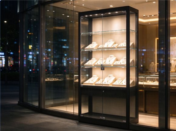 Illuminated lockable glass display tower in a jewelry store window at night
