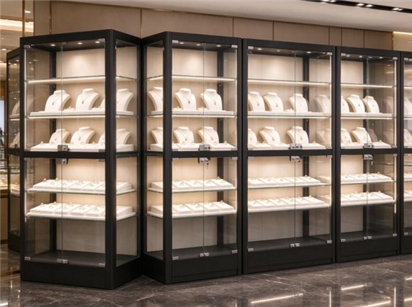 Row of lockable glass display cabinets with LED lighting in a jewelry store showroom