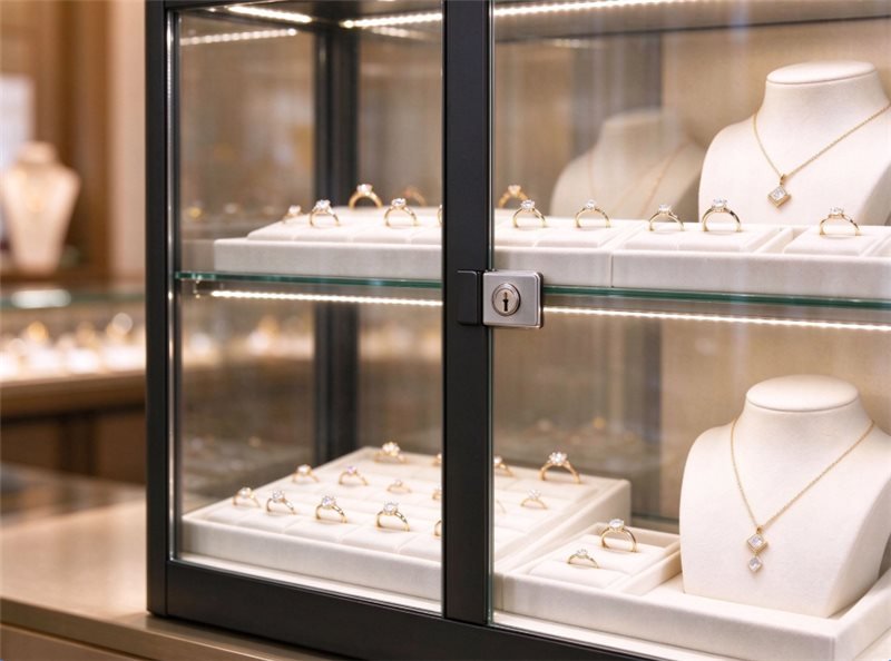 Lockable glass display cabinet for a jewelry store with black steel frame, LED lighting and locked glass doors